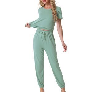 Pajamas Set Short Sleeve Long Pants Fall Comfy Modal Loungewear Green